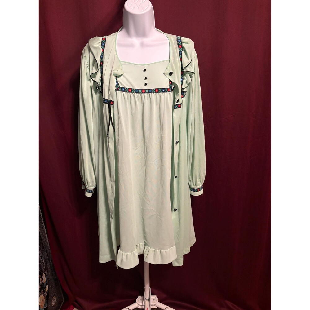 Vintage70s Peignoir Set Lorraine Green/Black Nylon Robe and Nightgown Set Large
